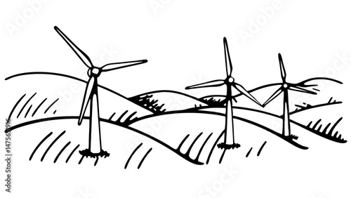Detailed Line Drawing of a Wind Turbine Farm on Rolling Hills, Representing Renewable Energy and Sustainable Manufacturing Practices for Environmental Reports.