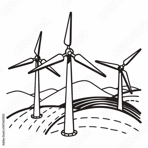 Detailed Line Drawing of a Wind Turbine Farm on Rolling Hills, Representing Renewable Energy and Sustainable Manufacturing Practices for Environmental Reports.
