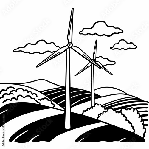 Detailed Line Drawing of a Wind Turbine Farm on Rolling Hills, Representing Renewable Energy and Sustainable Manufacturing Practices for Environmental Reports.