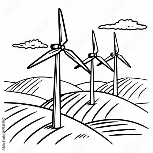 Detailed Line Drawing of a Wind Turbine Farm on Rolling Hills, Representing Renewable Energy and Sustainable Manufacturing Practices for Environmental Reports.