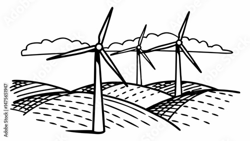 Detailed Line Drawing of a Wind Turbine Farm on Rolling Hills, Representing Renewable Energy and Sustainable Manufacturing Practices for Environmental Reports.