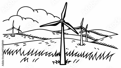 Detailed Line Drawing of a Wind Turbine Farm on Rolling Hills, Representing Renewable Energy and Sustainable Manufacturing Practices for Environmental Reports.