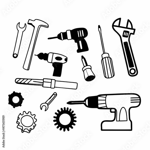 Minimalist Line Art Icon Set of Manufacturing Tools and Equipment, Ideal for Industrial Websites and Technical Manuals, Conveying Precision and Efficiency.