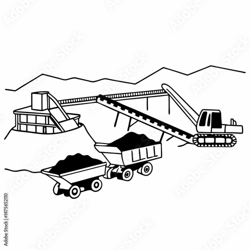 Line Art Illustration of a Coal Mining Operation with Conveyor Belts and Mining Equipment, Suitable for Educational Materials and Industry Analysis Reports.