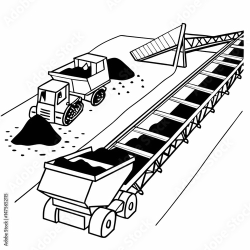 Line Art Illustration of a Coal Mining Operation with Conveyor Belts and Mining Equipment, Suitable for Educational Materials and Industry Analysis Reports.