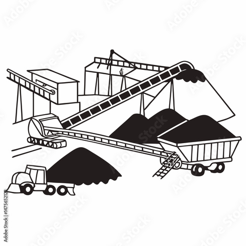 Line Art Illustration of a Coal Mining Operation with Conveyor Belts and Mining Equipment, Suitable for Educational Materials and Industry Analysis Reports.