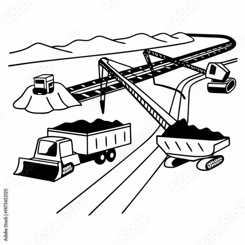 Line Art Illustration of a Coal Mining Operation with Conveyor Belts and Mining Equipment, Suitable for Educational Materials and Industry Analysis Reports.