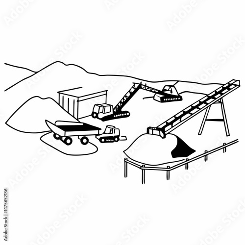 Line Art Illustration of a Coal Mining Operation with Conveyor Belts and Mining Equipment, Suitable for Educational Materials and Industry Analysis Reports.