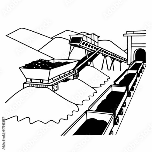 Line Art Illustration of a Coal Mining Operation with Conveyor Belts and Mining Equipment, Suitable for Educational Materials and Industry Analysis Reports.