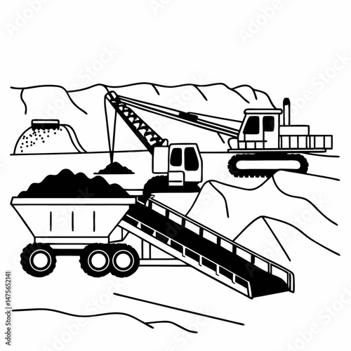 Line Art Illustration of a Coal Mining Operation with Conveyor Belts and Mining Equipment, Suitable for Educational Materials and Industry Analysis Reports.