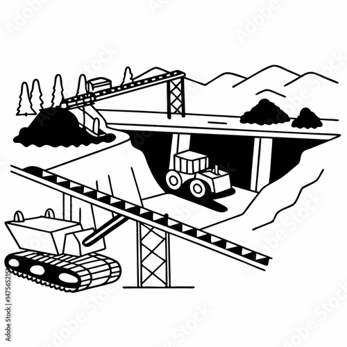 Line Art Illustration of a Coal Mining Operation with Conveyor Belts and Mining Equipment, Suitable for Educational Materials and Industry Analysis Reports.
