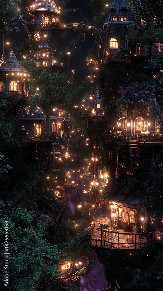 Naklejka premium Illuminated structures nestled in forest night landscape