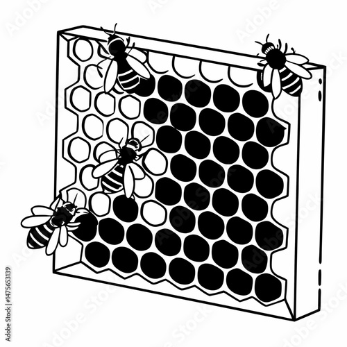 Intricate Line Art of a Honeycomb with Bees