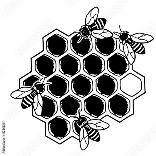 Intricate Line Art of a Honeycomb with Bees