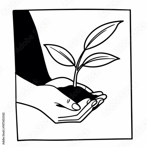 Minimalist Line Art of a Hand Holding a Sapling