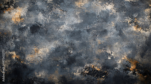 Abstract dark gray texture background featu artistic paint splatters and mottled pattern on aged surface.