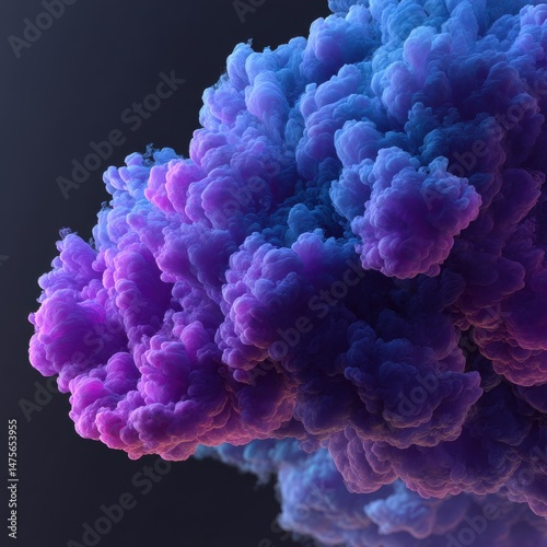 A vibrant explosion of fluffy purple and blue smoke billows gracefully against a dark gray backdrop, creating a visually stunning abstract composition with depth.