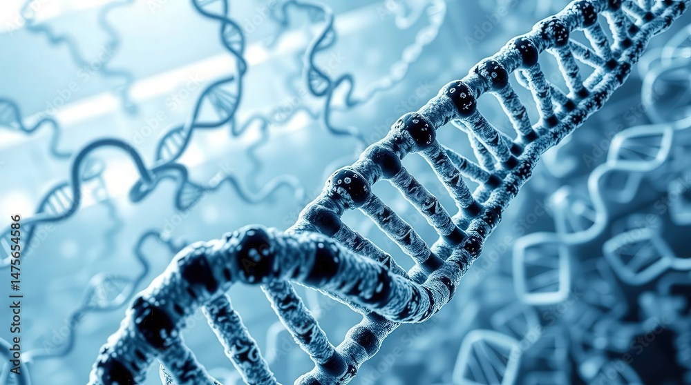 Obraz premium Close-up view of a DNA double helix structure in blue tones.