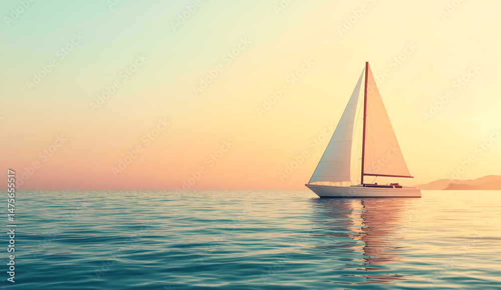 Fototapeta premium White sailboat glides gracefully across the calm ocean waters bathed in the warm glow of the setting sun.
