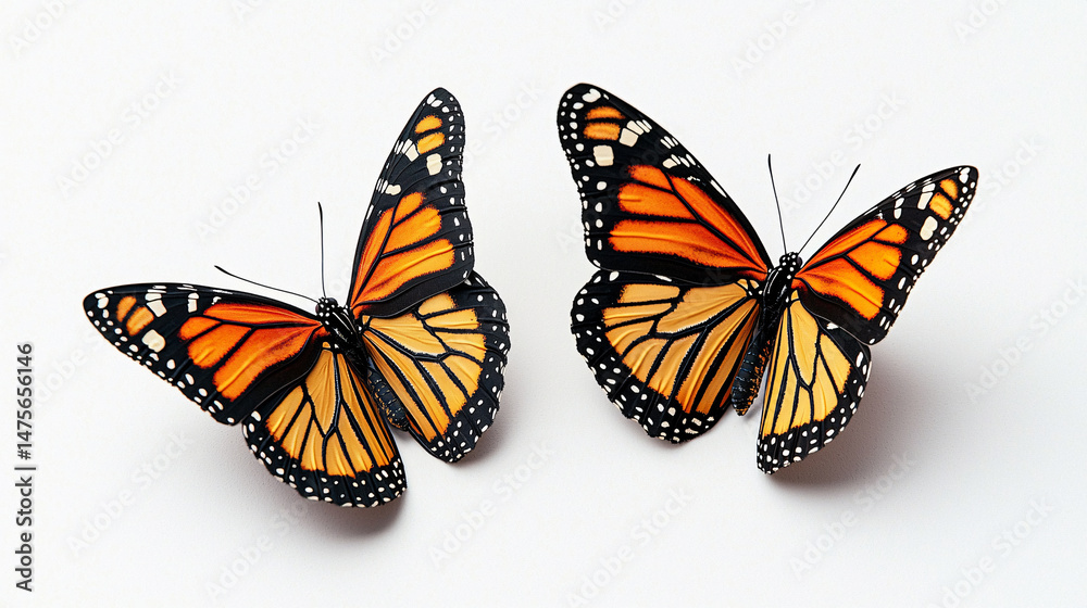 Obraz premium Two vibrant monarch butterflies with orange and black wings rest gently on a clean white background studio shot.