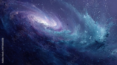 A swirling galaxy of deep blues and purples is set against a backdrop of twinkling stars, creating a breathtaking and mesmerizing cosmic vista of space art.