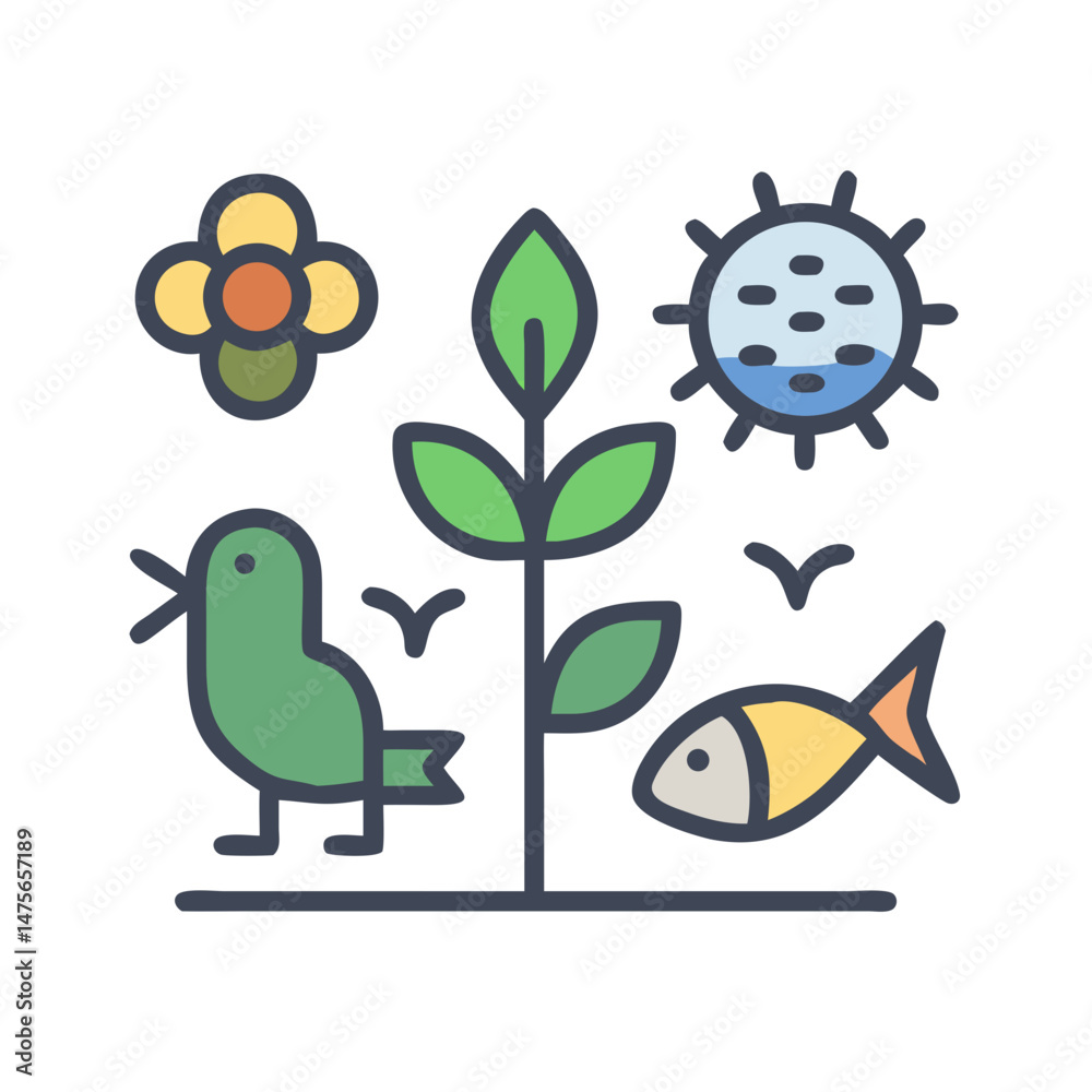 Fototapeta premium Ecology Icon: Flower, Plant, Sun, Bird, and Fish