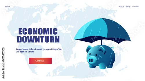 Economic downturn crisis piggy bank umbrella rain global recession protection financial downturn world map background landing page