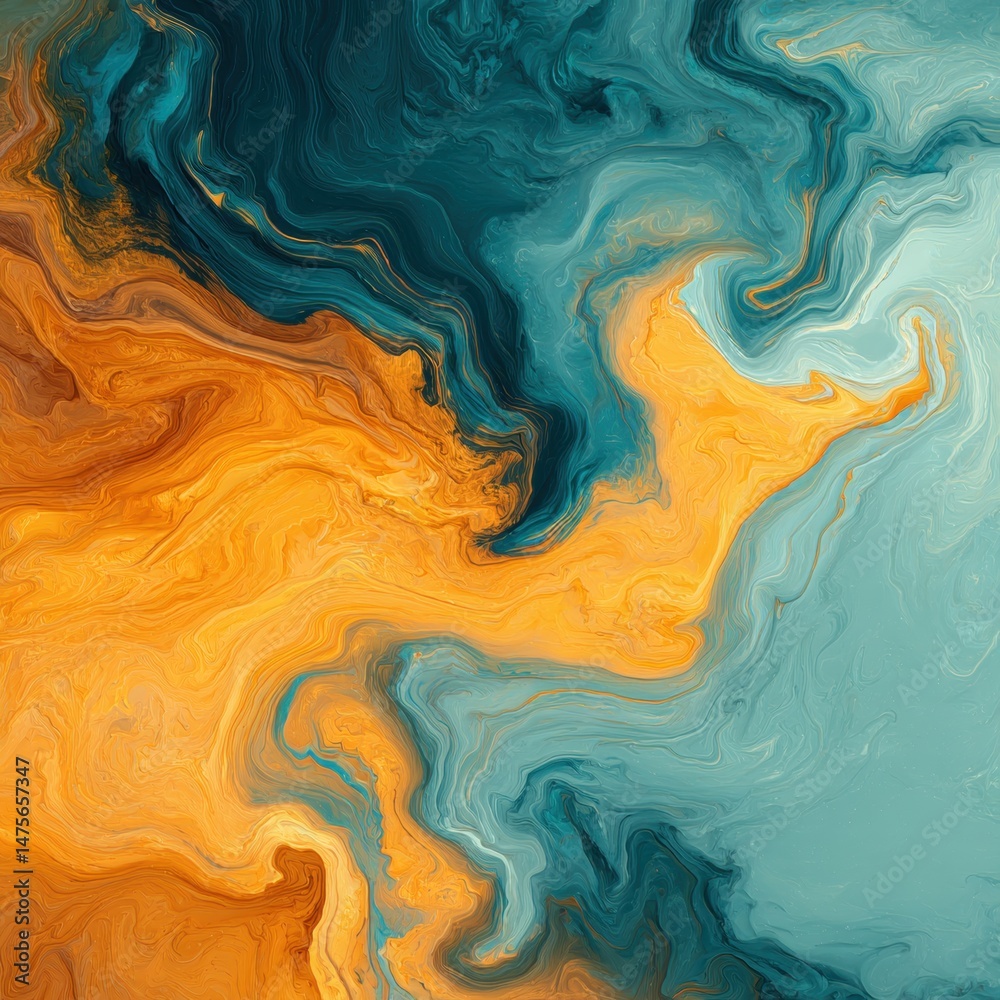 An abstract oil painting swirls with mesmerizing turquoise and gold hues, creating an ethereal, fluid texture evocative of ocean depths and sunlit sands, beautifully done. An abstract oil painting swirls with mesmerizing turquoise and gold hues, creating an ethereal, fluid texture evocative of ocean depths and sunlit sands, beautifully done.