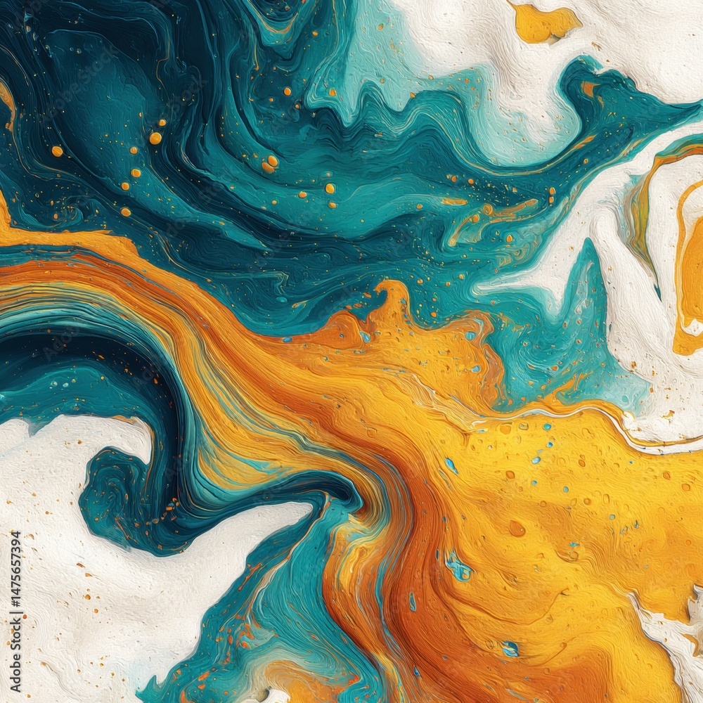 Abstract fluid art illustration with teal, golden, and white colors swirling together creating a dynamic, painterly, and visually captivating composition. Abstract fluid art illustration with teal, golden, and white colors swirling together creating a dynamic, painterly, and visually captivating composition.