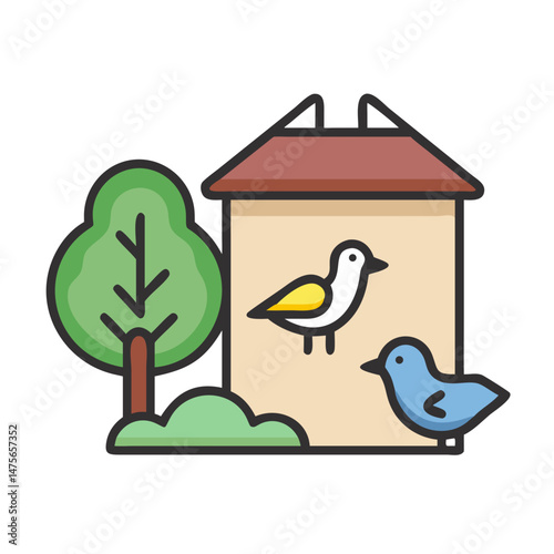Birdhouse with two birds next to a tree