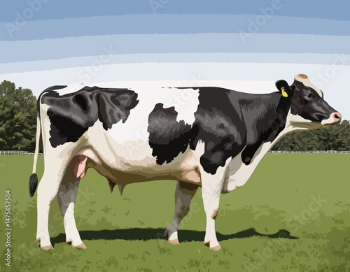 Minimalist Line Art Design of a Dairy Cow Grazing in a Pasture, Representing Livestock Farming, Milk Production, and Organic Dairy Products, Great for Food Labels and Restaurant Menus.