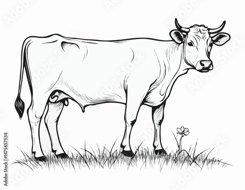 Minimalist Line Art Design of a Dairy Cow Grazing in a Pasture, Representing Livestock Farming, Milk Production, and Organic Dairy Products, Great for Food Labels and Restaurant Menus.