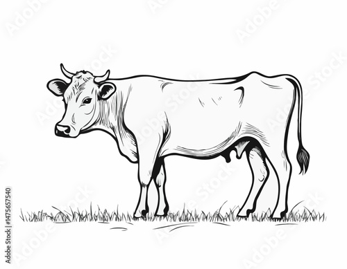 Minimalist Line Art Design of a Dairy Cow Grazing in a Pasture, Representing Livestock Farming, Milk Production, and Organic Dairy Products, Great for Food Labels and Restaurant Menus.