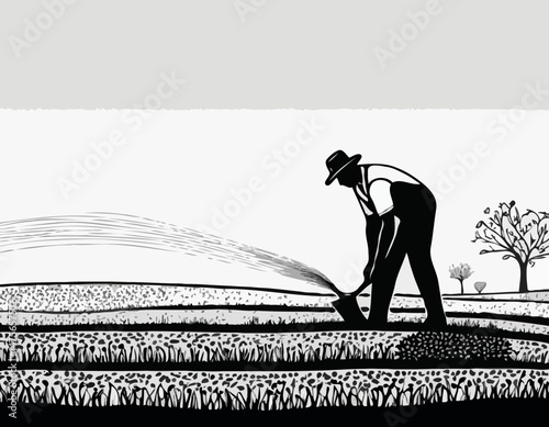 Stylized Line Illustration of a Farmer Planting Seeds in a Field, Depicting Agriculture, Growth, and the Cycle of Life, Useful for Educational Resources and Environmental Campaigns.