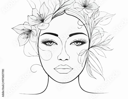 Linear Illustration of Woman's Face with Abstract Floral Elements