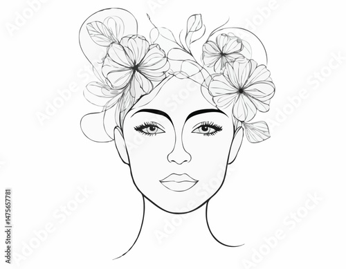 Linear Illustration of Woman's Face with Abstract Floral Elements