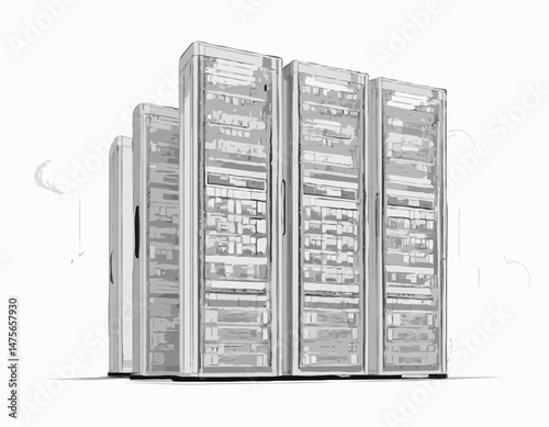 Intricate Line Drawing of a Server Rack Network System for Data Center Visualization, Cloud Computing Architecture and IT Infrastructure.