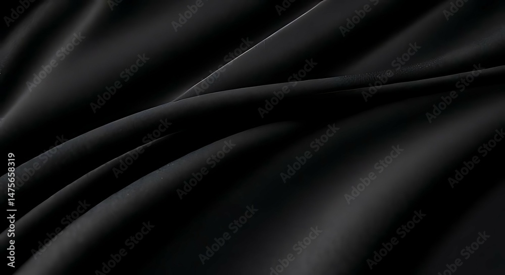 Fototapeta premium Smooth, soft, shiny black silk satin fabric with a rippled texture creates an elegant and luxurious backdrop 