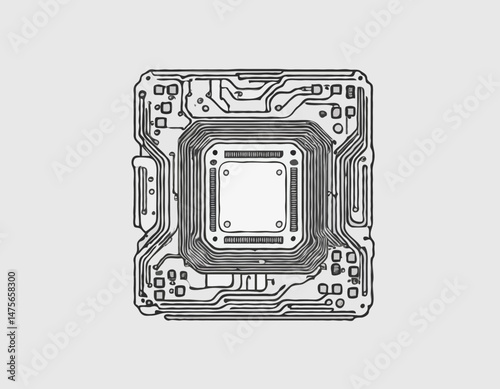 Stylized Line Graphic of a Computer Chip Microprocessor, Representing Artificial Intelligence, Machine Learning and Advanced Computing Concepts.
