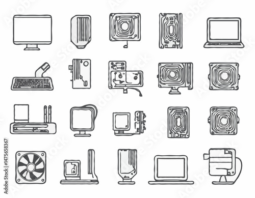 Simple Line Icon Set of Computer Hardware Components, Including CPU, GPU, RAM, Hard Drive for Infographics, Tech Support Website and User Manuals.
