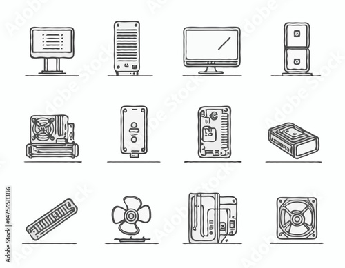 Simple Line Icon Set of Computer Hardware Components, Including CPU, GPU, RAM, Hard Drive for Infographics, Tech Support Website and User Manuals.