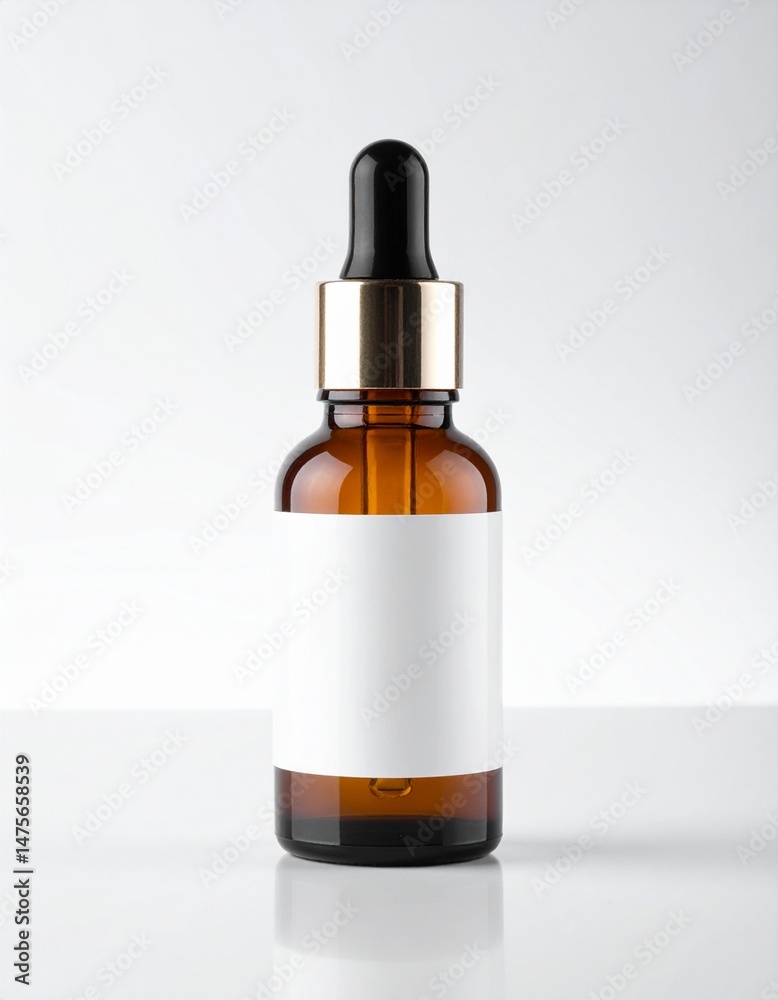 Amber Dropper Bottle with White Label on White Surface Amber Dropper Bottle with White Label on White Surface