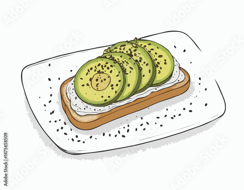 Minimalist Line Drawing of Avocado Toast with Seeds, Perfect for Cafe Menus and Healthy Lifestyle Blog Designs.
