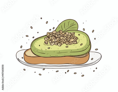 Minimalist Line Drawing of Avocado Toast with Seeds, Perfect for Cafe Menus and Healthy Lifestyle Blog Designs.