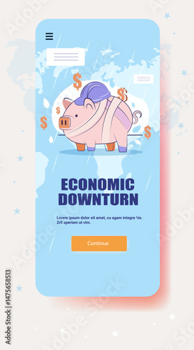 Piggy bank economic downturn trade war crisis financial recession wounded piggy bank with bandage falling dollar signs rainy background mobile app screen