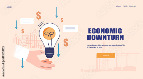 Economic downturn crisis concept hand holding lightbulb falling dollar signs construction cranes arrows pastel website template