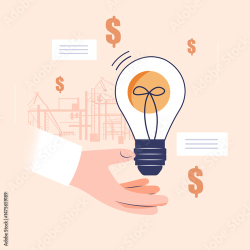 Hand holding light bulb innovation economic crisis trade war financial downturn construction cranes dollar signs abstract background banner