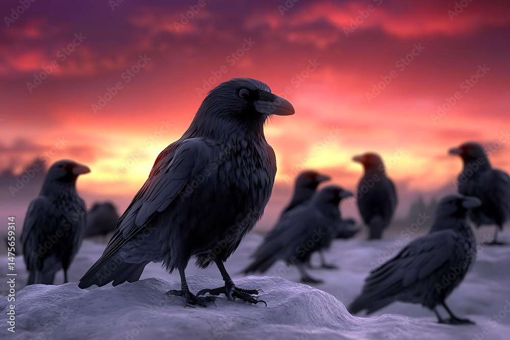 Obraz premium A gathering of dark ravens on a snowy landscape at sunset, creating a mystical atmosphere