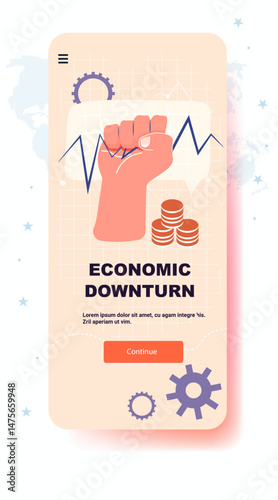 Economic downturn crisis concept raised fist declining graph coins gears abstract background pastel colors mobile app screen