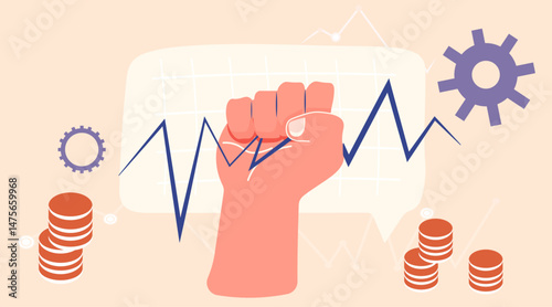 Fist economic crisis trade war concept rising graph gears coins abstract financial downturn pastel background business banner